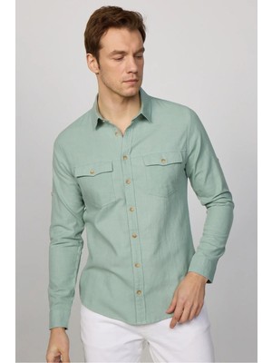 Tudors Erkek Slim Fit Dar Kesim Uzun Kollu %100 Pamuk Keten Doku Çift Cep Spor Yaka Yeşil Gömlek