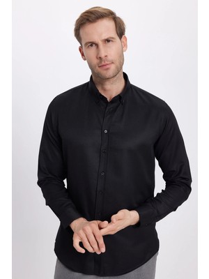 Tudors Slim Fit Uzun Kollu Düğmeli Yaka Pamuklu Kolay Ütü Düz Erkek Gömlek