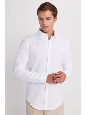 Tudors Erkek Slim Fit Dar Kesim Uzun Kollu %100 Pamuk Keten Doku Beyaz Gömlek