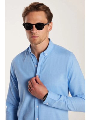 Tudors Erkek Slim Fit Dar Kesim Uzun Kollu %100 Pamuk Keten Doku Düğmeli Yaka Mavi Gömlek
