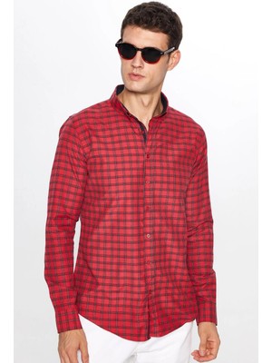 Tudors Erkek Slim Fit Dar Kesim Uzun Kollu Pamuklu Kolay Ütü Kareli Düğmeli Yaka Gömlek
