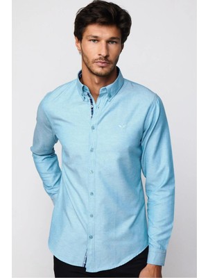 Tudors Erkek Slim Fit Dar Kesim Uzun Kollu Pamuklu Oxford Doku Petrol Renk Düğmeli Yaka Gömlek
