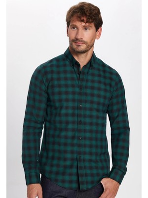 Tudors Erkek Slim Fit Dar Kesim Uzun Kollu Pamuklu Kolay Ütü Kareli Düğmeli Yaka Gömlek