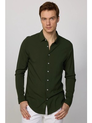 Tudors Haki Slim Fit Uzun Kollu Erkek Gömlek Günlük Stil Dar Kesim Dökümlü Viskon