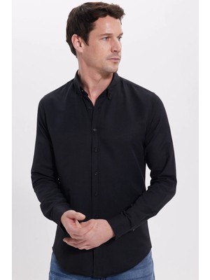 Tudors Erkek Slim Fit Dar Kesim Uzun Kollu Pamuklu Oxford Doku Kolay Ütü Siyah Düğmeli Yaka Gömlek