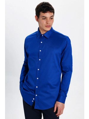 Tudors Slim Fit Uzun Kollu Premium Seri Cotton Likralı Saks Mavisi Erkek Gömlek