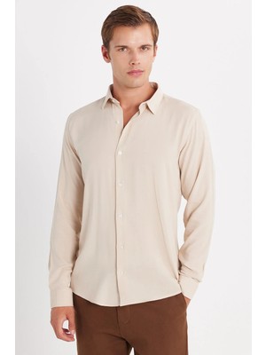 Tudors Slim Fit Uzun Kollu Dar Kesim Dökümlü Viskon Şık Taş Rengi Erkek Gömlek