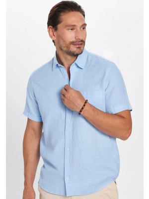 Tudors Erkek Regular Fit Klasik Kesim Oversize %100 Pamuk Keten Doku Cepli Mavi Gömlek