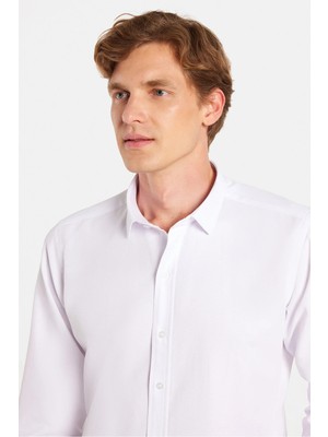 Tudors Modern Slim Fit Uzun Kollu Pamuklu Kolay Ütü Armürlü Beyaz Erkek Gömlek