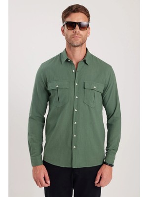 Tudors Erkek Regular Fit Klasik Kesim Oversize %100 Pamuk Keten Doku Çift Cep Haki Gömlek