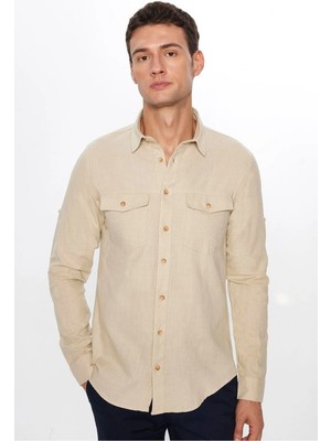 Tudors Erkek Slim Fit Dar Kesim Uzun Kollu %100 Pamuk Keten Doku Çift Cep Spor Yaka Taş Rengi Gömlek
