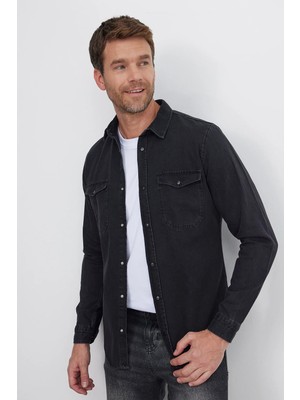 Tudors Erkek Slim Fit Dar Kesim Uzun Kollu denim Kot Çift Cep Çıtçıtlı Siyah Gömlek