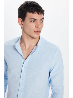 Tudors Erkek Slim Fit Dar Kesim Uzun Kollu %100 Pamuk Keten Doku Hakim Yaka Mavi Gömlek