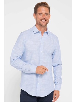 Tudors Erkek Slim Fit Dar Kesim Uzun Kollu %100 Pamuk Keten Doku Çizgili Gömlek