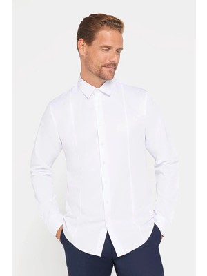 Tudors Erkek Slim Fit Dar Kesim Uzun Kollu Pamuklu Önden Kulplu Düz Beyaz Gömlek