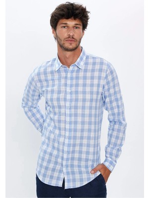 Tudors Erkek Slim Fit Dar Kesim Uzun Kollu %100 Pamuk Keten Doku Kareli Gömlek