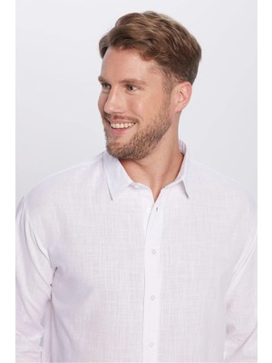 Tudors Erkek Relax Fit Rahat Kesim Oversize %100 Pamuk Keten Doku Beyaz Gömlek