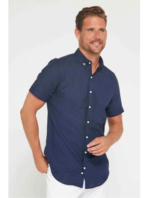 Tudors Erkek Slim Fit Dar Kesim Kısa Kollu %100 Pamuk Keten Doku Düğmeli Yaka Lacivert Gömlek