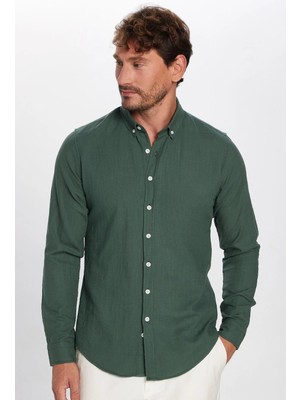 Tudors Erkek Slim Fit Dar Kesim Uzun Kollu %100 Pamuk Keten Doku Düğmeli Yaka Haki Gömlek