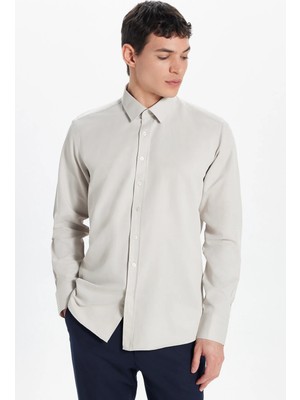 Tudors Erkek Modern Slim Fit Pamuklu Düz Bej Gömlek