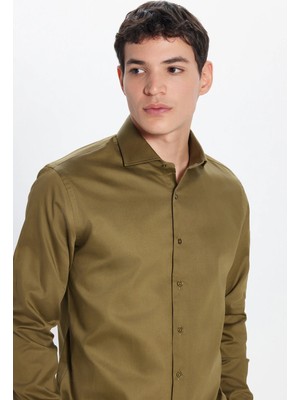 Tudors Erkek Slim Fit Dar Kesim %100 Pamuk Koton Saten Premium Seri Yeşil Gömlek