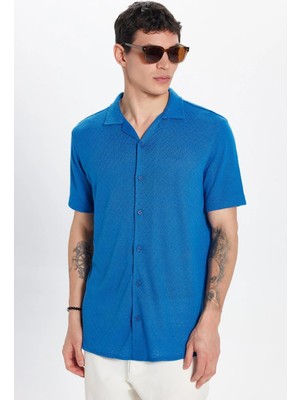 Tudors Erkek Slim Fit Dar Kesim Kısa Kollu Örme Doku Apaş Yaka Saks Mavi Gömlek
