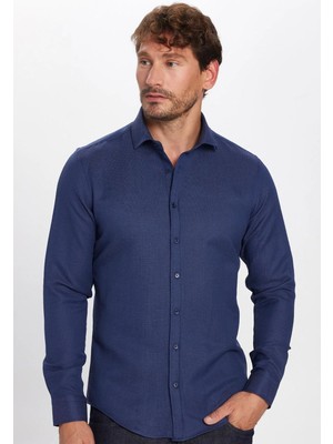 Tudors Erkek Slim Fit Dar Kesim Uzun Kollu Pamuklu Kolay Ütü Armürlü Lacivert Gömlek