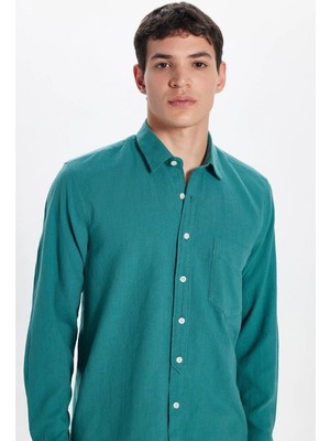 Tudors Erkek Regular Fit Klasik Kesim Oversize %100 Pamuk Keten Doku Tek Cep Petrol Gömlek