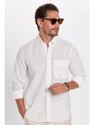 Tudors Erkek Regular Fit Klasik Kesim Oversize Pamuklu Keten Doku Düğmeli Yaka Beyaz Gömlek
