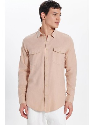 Tudors Erkek Slim Fit Dar Kesim %100 Pamuk Keten Doku Çift Cep Spor Yaka Somon Gömlek