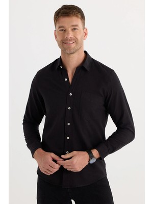 Tudors Erkek Regular Fit Klasik Kesim Oversize %100 Pamuk Keten Doku Tek Cepli Siyah Gömlek