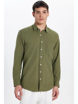 Tudors Erkek Regular Fit Klasik Kesim Oversize %100 Pamuk Keten Doku Tek Cepli Yeşil Gömlek
