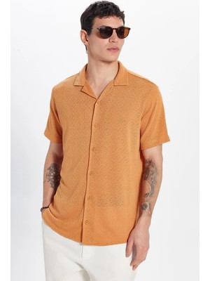 Tudors Erkek Slim Fit Dar Kesim Kısa Kollu Örme Doku Apaş Yaka Turuncu Gömlek