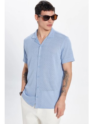 Tudors Erkek Slim Fit Dar Kesim Kısa Kollu Örme Doku Apaş Yaka Mavi Gömlek