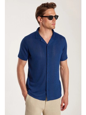 Tudors Erkek Slim Fit Örme Kumaş Apaş Yaka Rahat Kullanım Kısa Kol Lacivert Gömlek