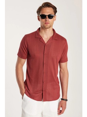 Tudors Erkek Slim Fit Örme Kumaş Apaş Yaka Rahat Kullanım Kısa Kol Kiremit Gömlek