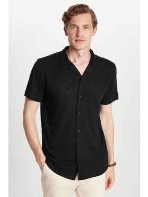 Tudors Slim Fit Kısa Kol Örme Kumaş Apaş Yaka Rahat Armürlü Doku Siyah Erkek Gömlek