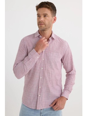 Tudors Erkek Regular Fit Klasik Kesim Oversize Uzun Kol %100 Pamuk Keten Doku Cepli Bordo Çizgili Gömlek