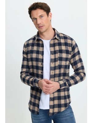 Tudors Erkek Slim Fit Dar Kesim Uzun Kollu Cepli Kareli Dama Desenli Kışlık Oduncu Gömlek