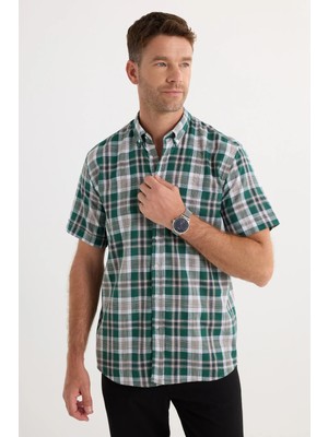 Tudors Erkek Regular Fit Klasik Kesim Oversize %100 Pamuk Keten Doku Cepli Kareli Kısa Kollu Gömlek