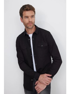 Tudors Erkek Slim Fit Dar Kesim Uzun Kollu Denim Kot Çift Cep Çıtçıtlı Siyah Gömlek