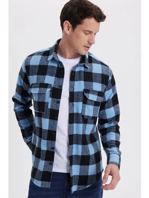Tudors Erkek Slim Fit Dar Kesim Uzun Kollu Kapaklı Çift Cepli Kareli Kışlık Oduncu Gömlek
