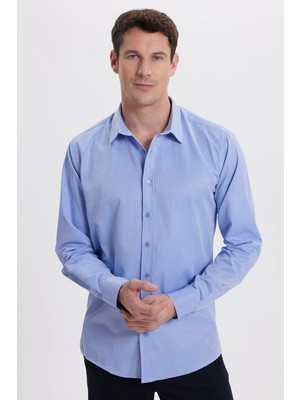 Tudors Modern Slim Fit Uzun Kollu Pamuklu Kolay Ütü Armürlü Saks Mavi Erkek Gömlek