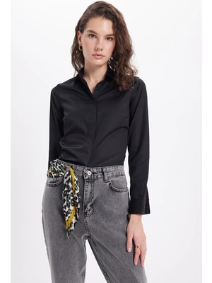 Tudors Kadın Slim Fit Non-Iron Pamuklu Vücuda Oturan Ütü Gerektirmez Pensli Siyah Gömlek