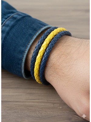 Reggente Sarı Lacivert Fenerbahçe Örgü Deri Bileklik