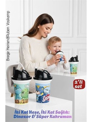 Çocuk Pipetli Bardak Seti 2'li Dinozor & Süper Kahraman Ikili Eğlenceli Kapaklı Suluk Matara 300 ml