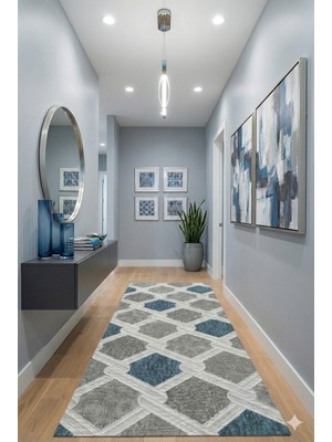 Babil Home Kaymaz Tabanlı Kesme  Salon Koridor Mutfak Yatak Odası Halısı 3011 Mavi