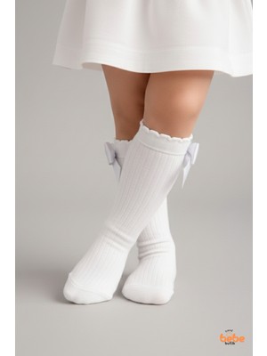 Trend Bebe Butik Kız Bebek Diz Altı Çorap Kurdeleli Pamuklu Ribanalı Fiyonklu Şık Bebek Çorabı