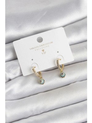 Calperia Minimal Nazarlı Model Gold Renk Zirkon Taşlı Kadın Küpe