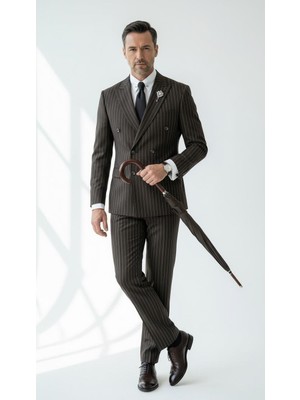 Plus Scorpion Çizgili Kruvaze Erkek Takım Elbise – Şık ve Rahat Italyan Kesim, Belden Oturtmalı, Top Düğmeli